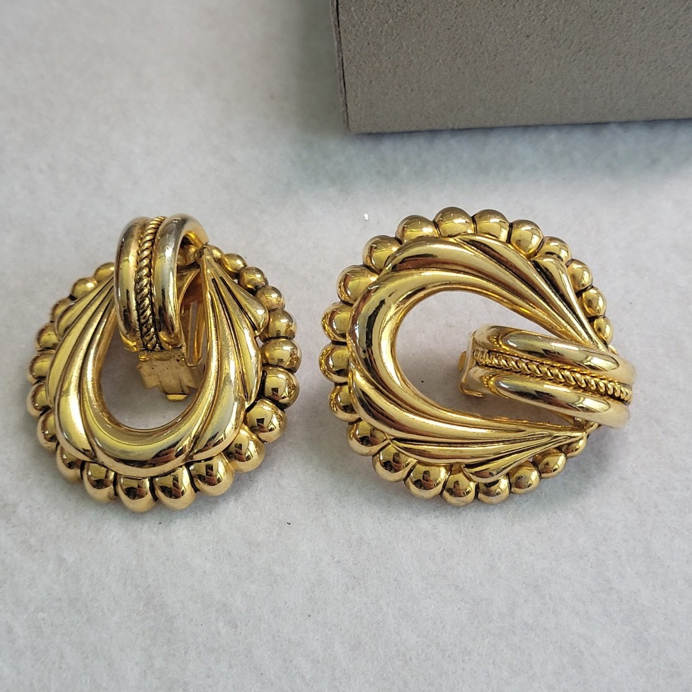 Gold Tone Clip On Earrings Modernist Rope Beaded 1980s Revival Statement